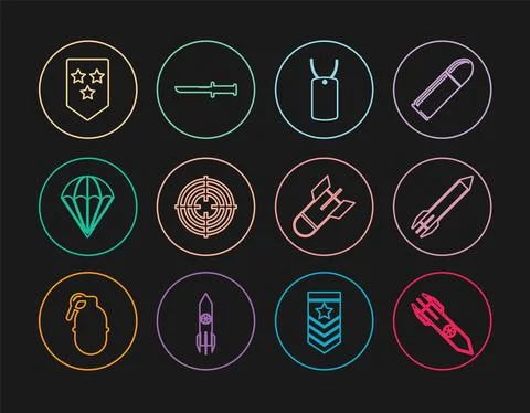 Set line Nuclear rocket, Rocket, Military dog tag, Target sport, Parachute 스톡 일러스트