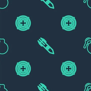 Set line Nuclear rocket, Target sport and Hand grenade on seamless pattern. V Illustrazione stock