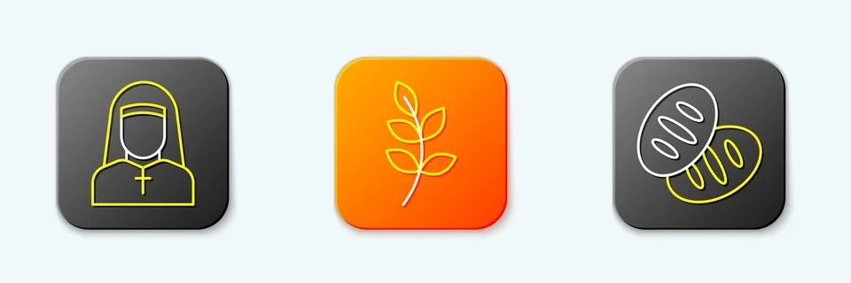Set line Nun, Willow leaf and Christian bread icon. Vector Stock Illustration