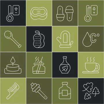 Set line Oak leaf, Cup of tea, Water temperature, Sauna slippers, Washcloth Stockillustratie