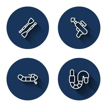 Set line Oars or paddles boat, Fishing harpoon, Inflatable with motor and Worm Illustration
