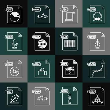 Set line OBJ file document, SVG, EPS, JS, HTML, OGG, PPT and XLS icon. Vector Stock-Illustration