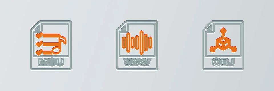 Set line OBJ file document, M3U and WAV icon. Vector Illustrazione stock