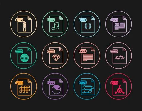 Set line OBJ file document, HTML, CSS, RUBY, ZIP, TXT and WAV icon. Vector Illustration