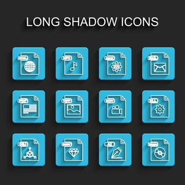 Set line OBJ file document, RUBY, HTML, AI, WMA, TIFF, DLL and MOV icon. Vect Illustrazione stock