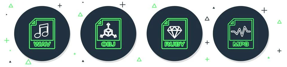 Set line OBJ file document, RUBY, WAV and MP3 icon. Vector Stock Illustration