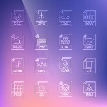 Set line OBJ file document, JS, M3U, XML, TXT, MOV, DLL and 3DS icon. Vector Illustrazione stock