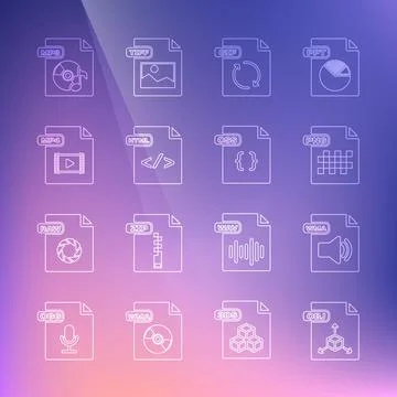 Set line OBJ file document, WMA, PNG, GIF, HTML, MP4, MP3 and CSS icon. Vecto Stock Illustration