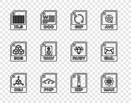Set line OBJ file document, MAX, GIF, PHP, XLS, WAV, ZIP and EML icon. Vector Stock Illustration