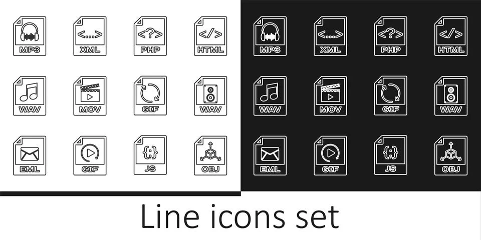 Set line OBJ file document, WAV, PHP, MOV, MP3, GIF and XML icon. Vector Stock Illustration