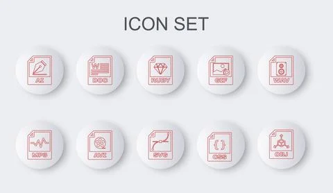 Set line OBJ file document, MP3, RUBY, CSS, AI, DOC, AVI and SVG icon. Vector Illustration