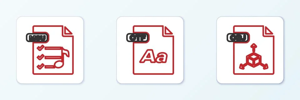 Set line OBJ file document, M3U and OTF icon. Vector Ilustração Stock