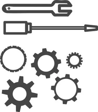 Set of line objects of nut, screwdriver, wrench. Flat, outline Stock Illustration
