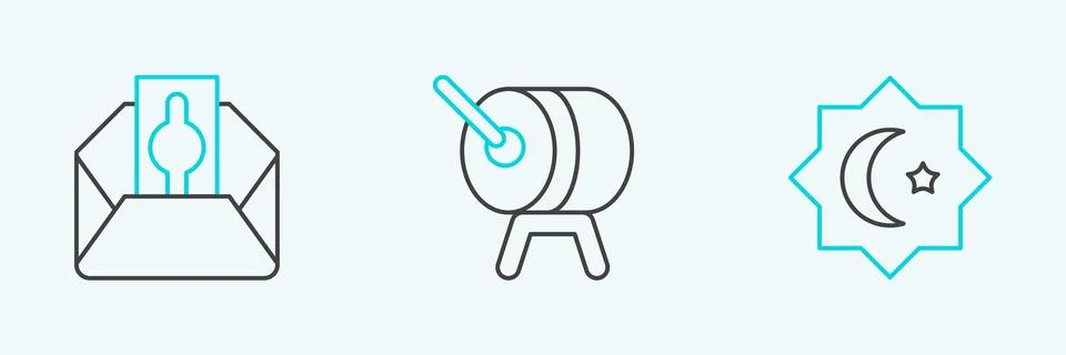 Set line Octagonal star, Donate or pay your zakat and Ramadan drum icon. Vector Stock Illustration