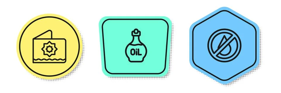 Set line Octagonal star, Essential oil bottle and No water. Colored shapes Stock Illustration
