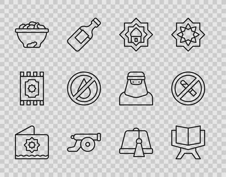 Set line Octagonal star, Holy book of Koran, Muslim Mosque, Ramadan cannon,.. Stock Illustration
