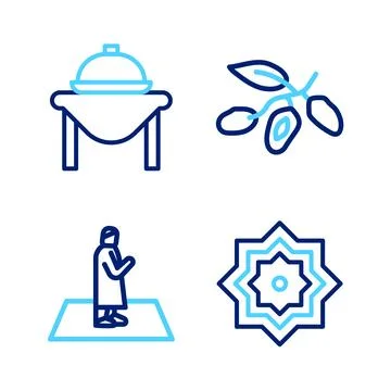 Set line Octagonal star, Muslim man prays, Date fruit and Table food icon Illustration