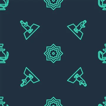 Set line Octagonal star, Muslim man prays and Hookah on seamless pattern. V.. Stock Illustration