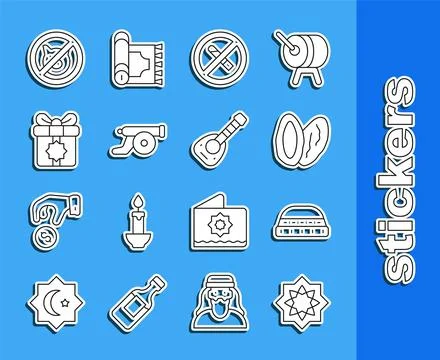 Set line Octagonal star, Muslim hat for prayer, Date fruit, No Smoking, Ram.. Stock Illustration