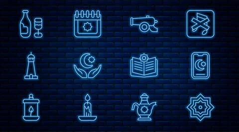 Set line Octagonal star, Star and crescent, Ramadan cannon, Mosque tower or.. Stock Illustration