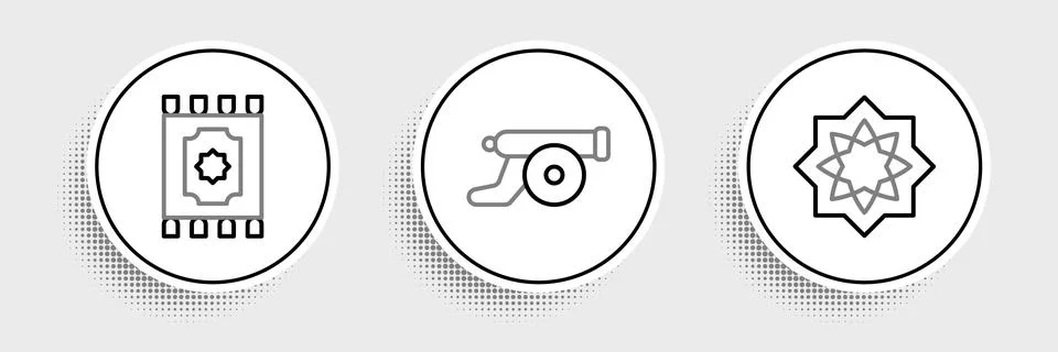 Set line Octagonal star, Traditional carpet and Ramadan cannon icon. Vector Stock Illustration
