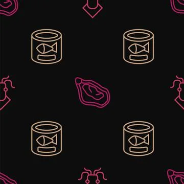 Set line Octopus, Canned fish and Mussel on seamless pattern. Vector Stock Illustration