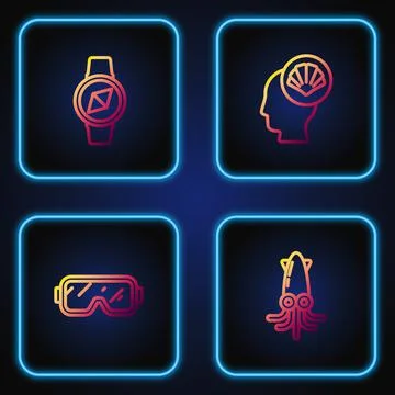 Set line Octopus, Diving mask, Compass and Scallop sea shell. Gradient color Stock Illustration