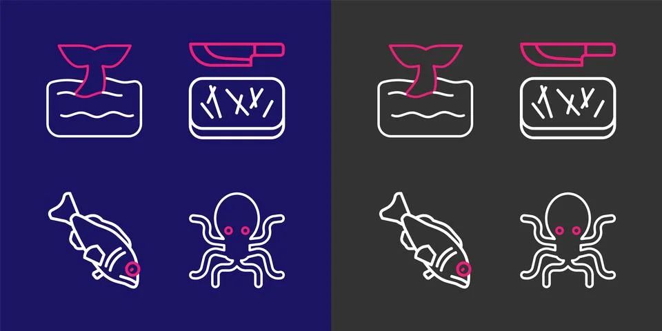 Set line Octopus, Fish, Cutting board and knife and Whale tail ocean wave i.. Stock Illustration