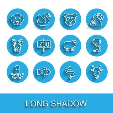 Set line Octopus, Fish, Dog, Snake, Cow head, Zoo park, Worm and Sheep icon Stock Illustration