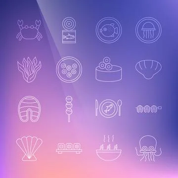 Set line Octopus, Grilled fish steak, Scallop sea shell, Puffer on plate, Caviar Stock Illustration
