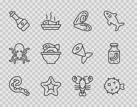 Set line Octopus of tentacle, Fish hedgehog, Mussel, Starfish, Soy sauce bottle 스톡 일러스트