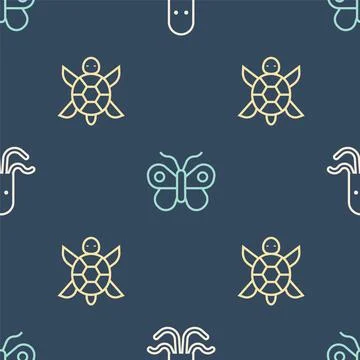 Set line Octopus, Turtle and Butterfly on seamless pattern. Vector 스톡 일러스트