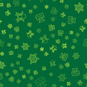 Set line Octopus, Turtle and Whale tail in ocean wave on seamless pattern Stock Illustration