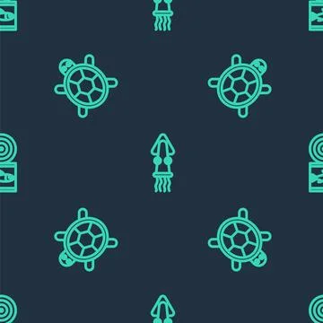 Set line Octopus, Turtle and Canned fish on seamless pattern. Vector Stock Illustration