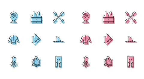 Set line Octopus, Turtle, Scallop sea shell, Wetsuit, Fish, Shark fin in oc.. Illustrazione stock