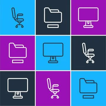 Set line Office chair, Computer monitor and Document folder icon. Vector Stock Illustration