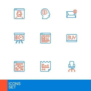 Set line Office chair, Document with graph chart, Online shopping on screen.. Stock Illustration