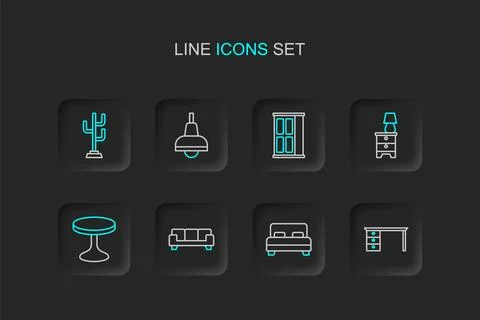 Set line Office desk, Big bed, Sofa, Round table, Furniture nightstand with.. Stock Illustration