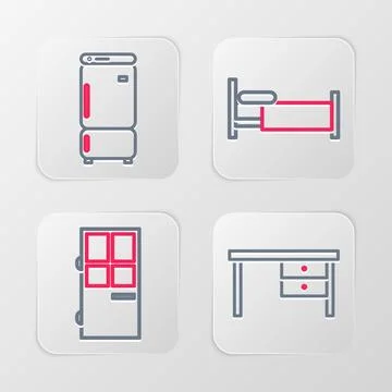 Set line Office desk, Closed door, Bed and Refrigerator icon. Vector Stock Illustration
