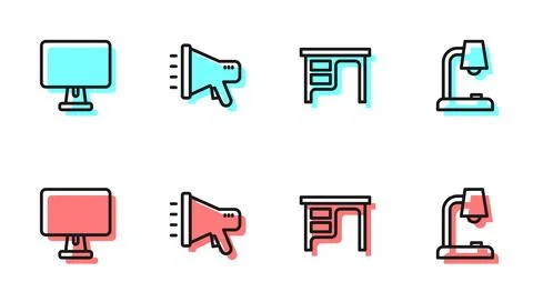 Set line Office desk, Computer monitor, Megaphone and Table lamp icon. Vector 스톡 일러스트