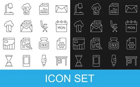 Set line Office desk, Document settings, Calendar, with graph chart, Mail and e Stock Illustration