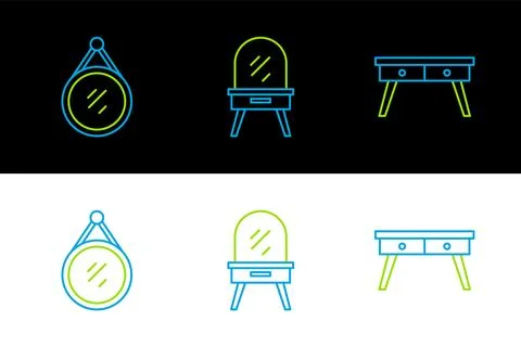 Set line Office desk, Mirror and Dressing table icon. Vector Illustration
