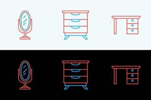 Set line Office desk, Mirror and Furniture nightstand icon. Vector Stock Illustration