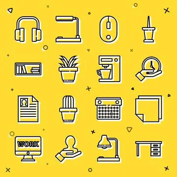 Set line Office desk, Post note stickers, Clock, Computer mouse, Plant in pot イラスト素材