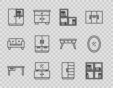 Set line Office desk, Shelf with books, TV table stand, Wardrobe, and Mirror Stock Illustration