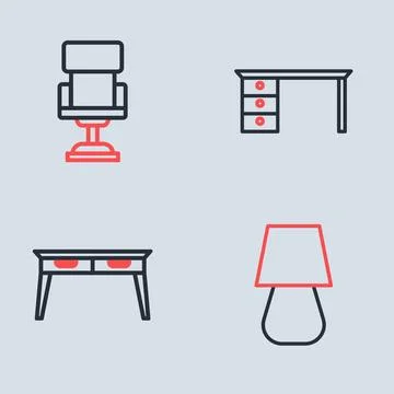 Set line Office desk, Table lamp and chair icon. Vector Stock Illustration