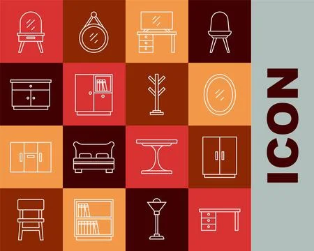 Set line Office desk, Wardrobe, Mirror, TV table stand, Furniture nightstan.. Stock Illustration