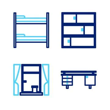 Set line Office desk, Window with curtains, Shelf and Bunk bed icon. Vector Stock Illustration