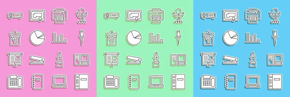 Set line Office folders, Computer monitor, Push pin, Printer, Pie chart Stock Illustration