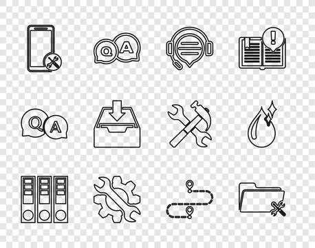 Set line Office folders, Folder service, Headphones with speech bubble chat.. Stock Illustration